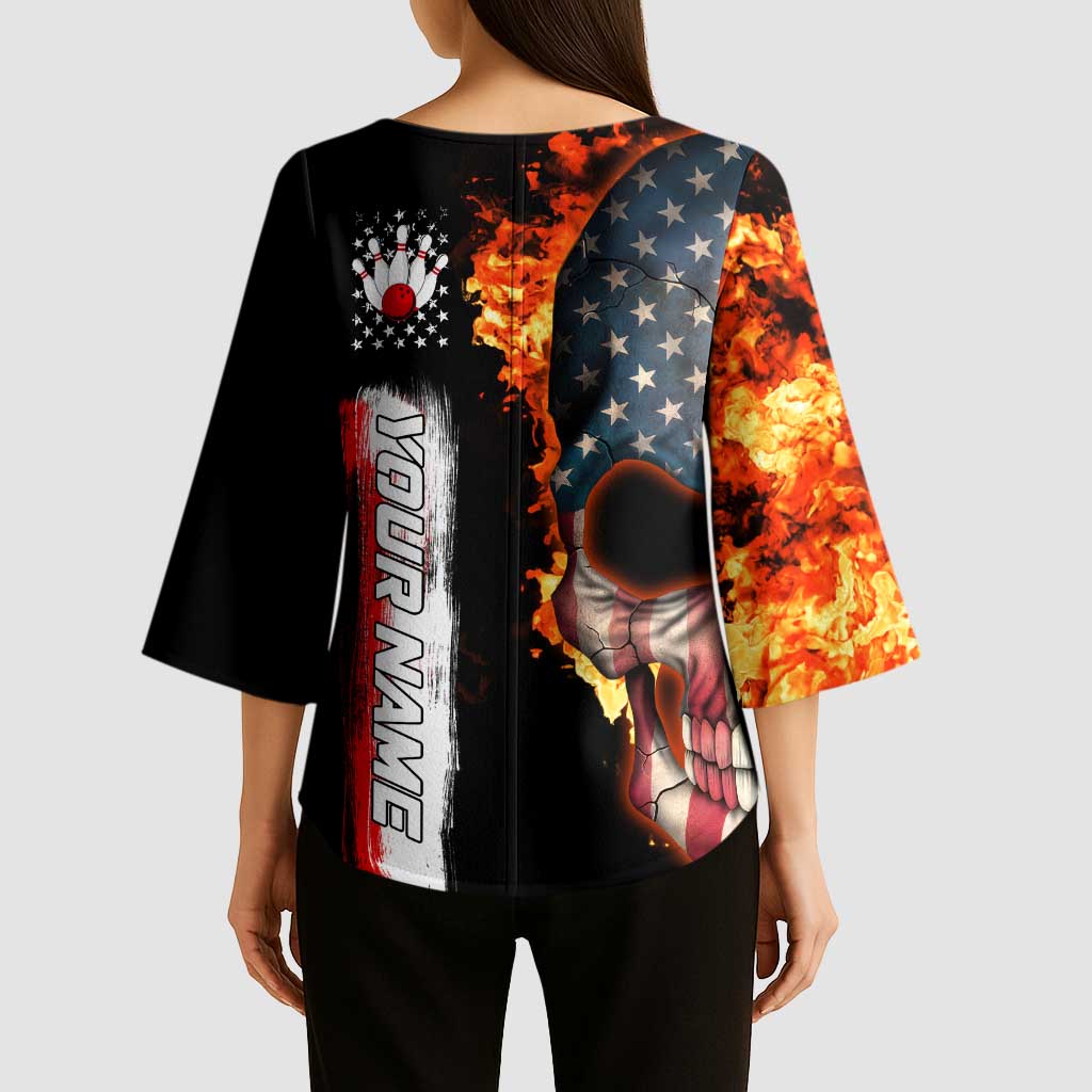 American Flag Skull Design Kimono Sleeve Blouse with Bowling Elements and Fire Background with Custom Team Name Text - Wonder Print Shop