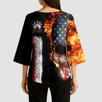 American Flag Skull Design Kimono Sleeve Blouse with Bowling Elements and Fire Background with Custom Team Name Text - Wonder Print Shop