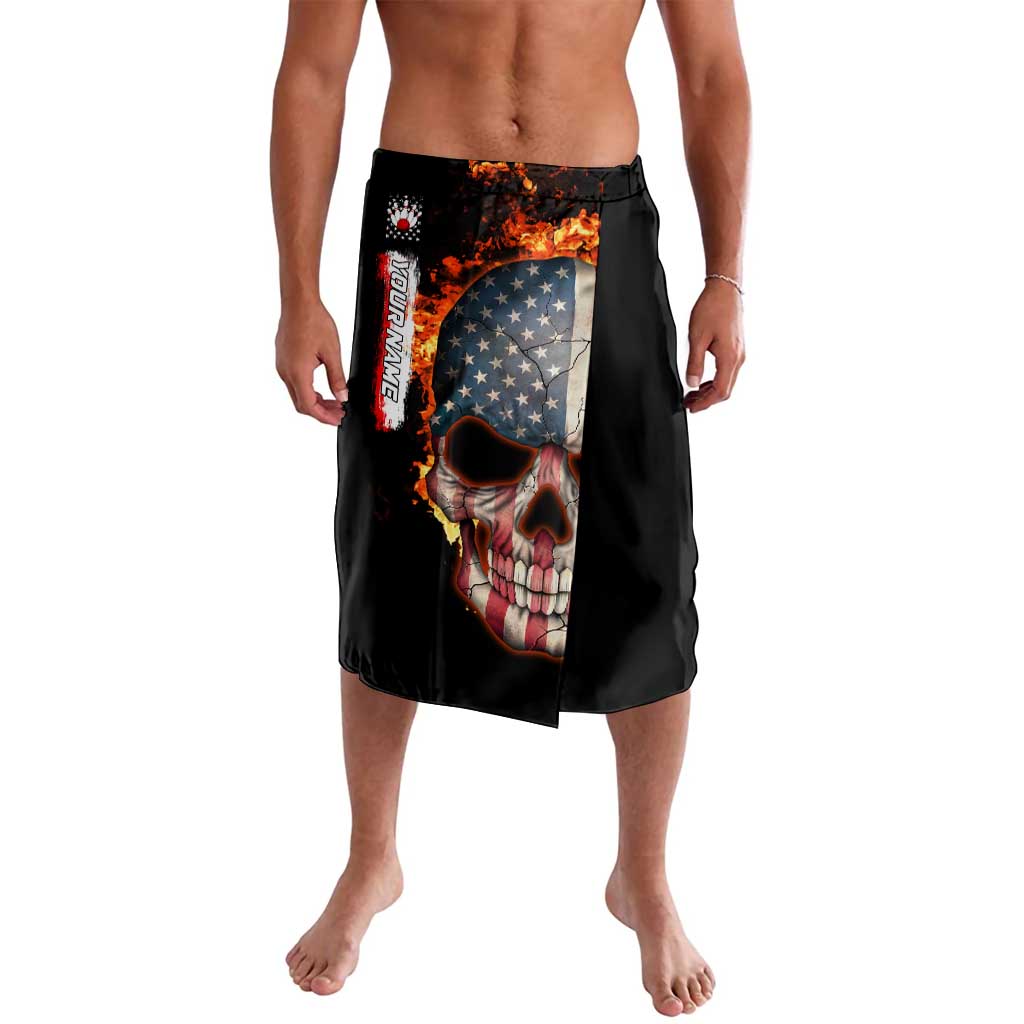 American Flag Skull Design Lavalava with Bowling Elements and Fire Background with Custom Team Name Text - Wonder Print Shop