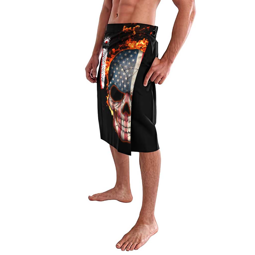 American Flag Skull Design Lavalava with Bowling Elements and Fire Background with Custom Team Name Text - Wonder Print Shop