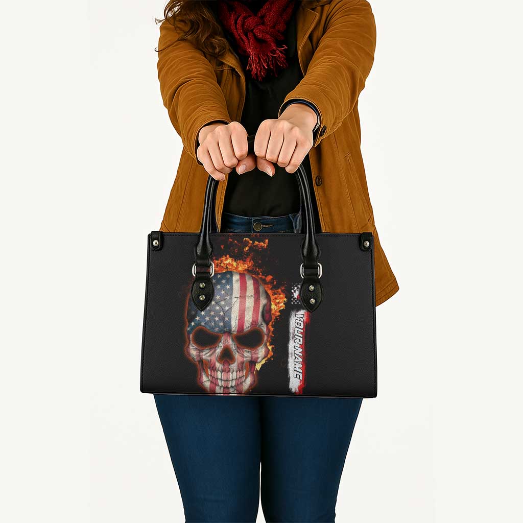 American Flag Skull Design Leather Bag with Bowling Elements and Fire Background with Custom Team Name Text - Wonder Print Shop