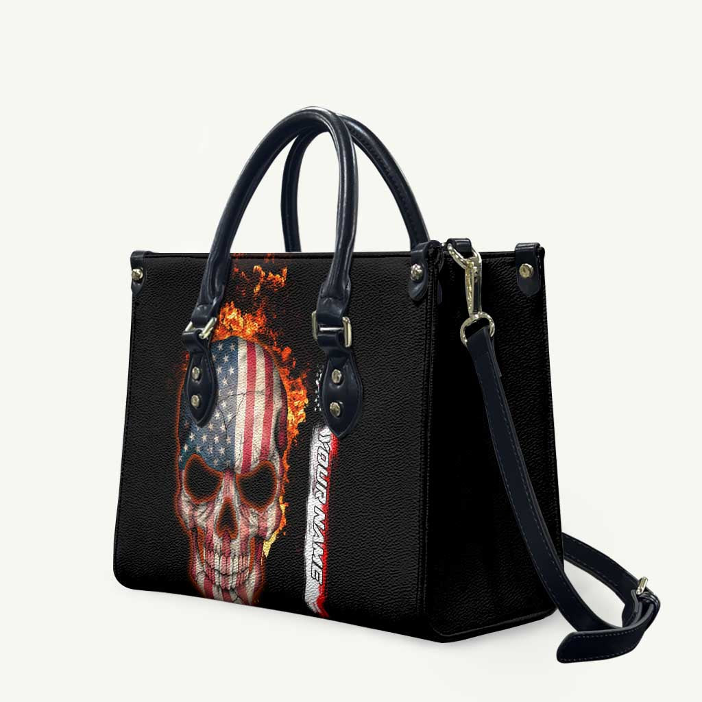 American Flag Skull Design Leather Bag with Bowling Elements and Fire Background with Custom Team Name Text - Wonder Print Shop