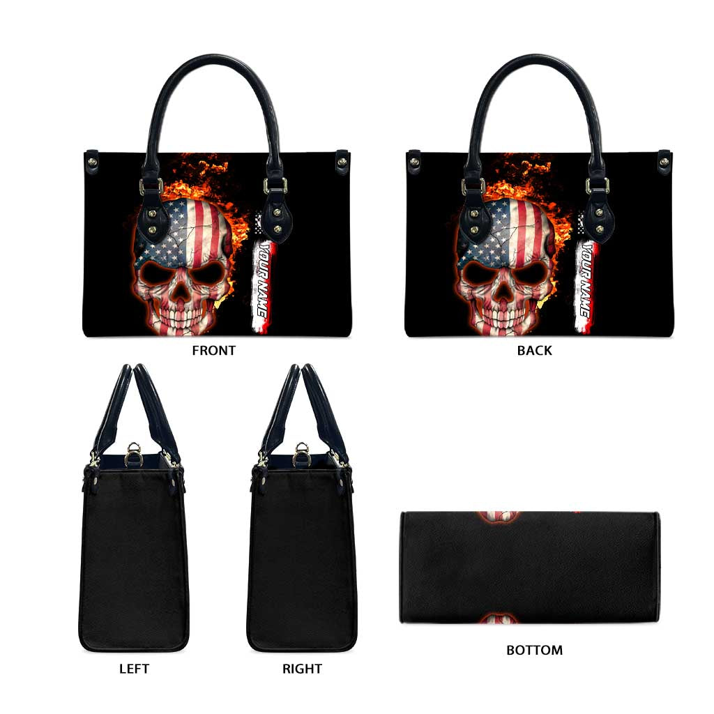 American Flag Skull Design Leather Bag with Bowling Elements and Fire Background with Custom Team Name Text - Wonder Print Shop
