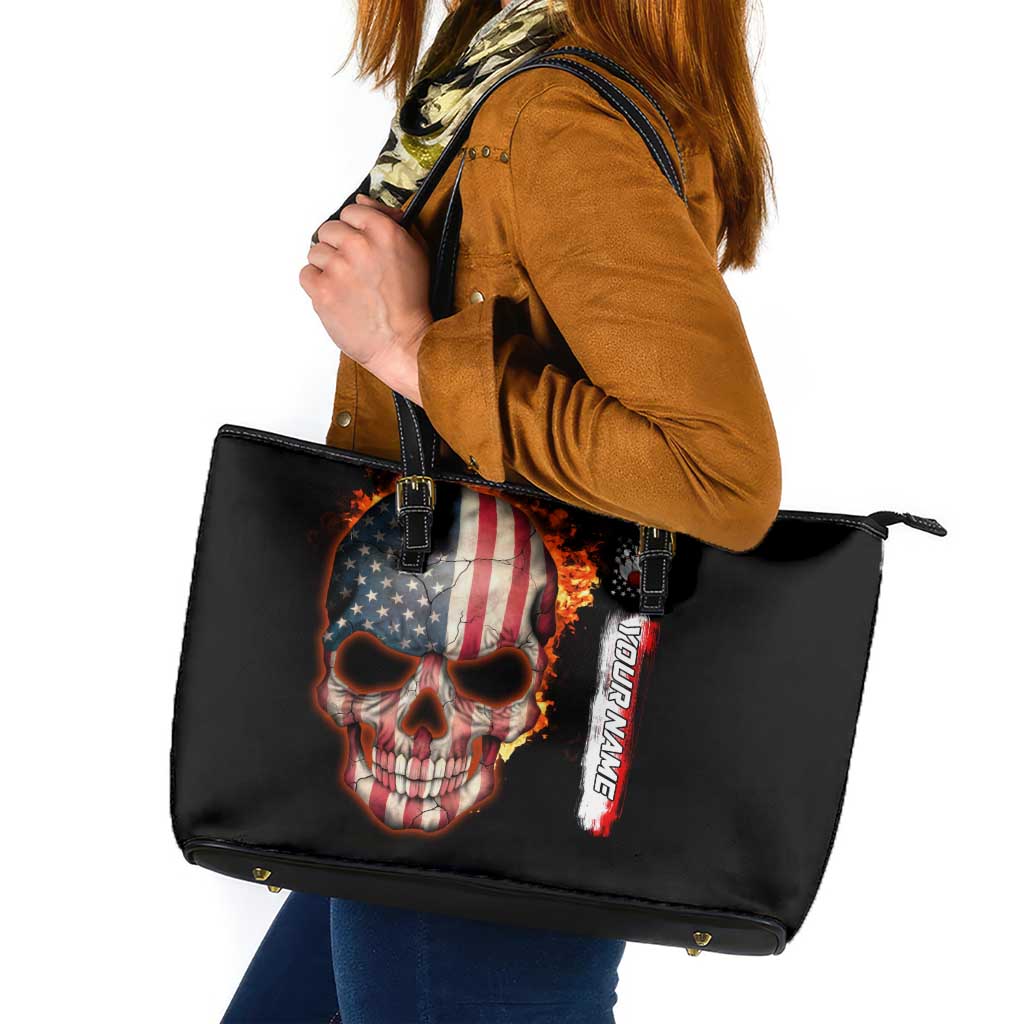 American Flag Skull Design Leather Tote Bag with Bowling Elements and Fire Background with Custom Team Name Text - Wonder Print Shop