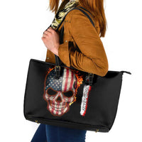 American Flag Skull Design Leather Tote Bag with Bowling Elements and Fire Background with Custom Team Name Text - Wonder Print Shop