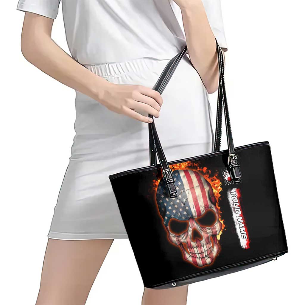 American Flag Skull Design Leather Tote Bag with Bowling Elements and Fire Background with Custom Team Name Text - Wonder Print Shop