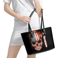American Flag Skull Design Leather Tote Bag with Bowling Elements and Fire Background with Custom Team Name Text - Wonder Print Shop