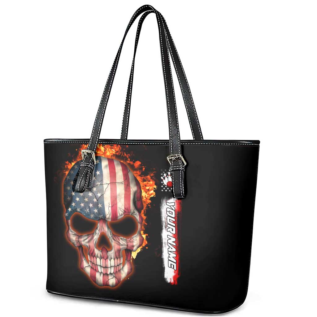 American Flag Skull Design Leather Tote Bag with Bowling Elements and Fire Background with Custom Team Name Text - Wonder Print Shop