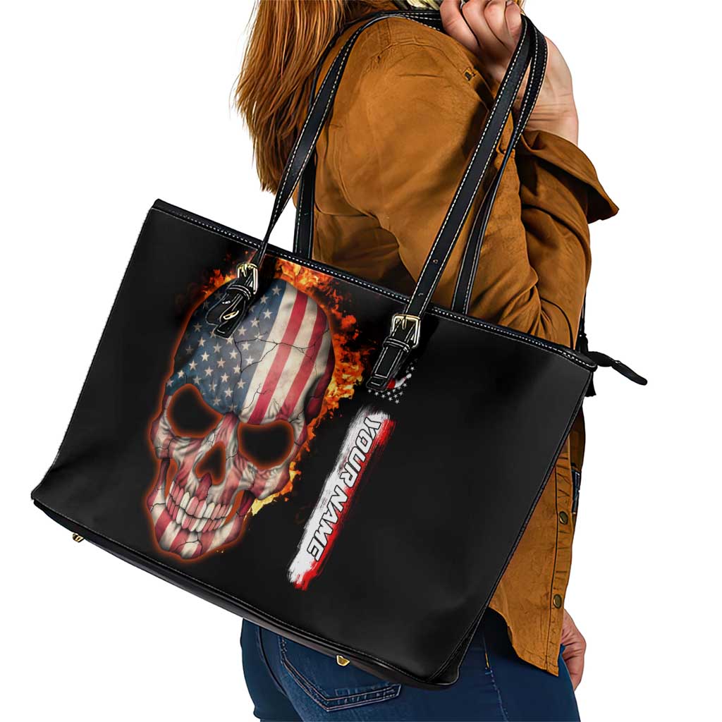 American Flag Skull Design Leather Tote Bag with Bowling Elements and Fire Background with Custom Team Name Text - Wonder Print Shop
