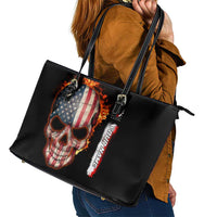 American Flag Skull Design Leather Tote Bag with Bowling Elements and Fire Background with Custom Team Name Text - Wonder Print Shop
