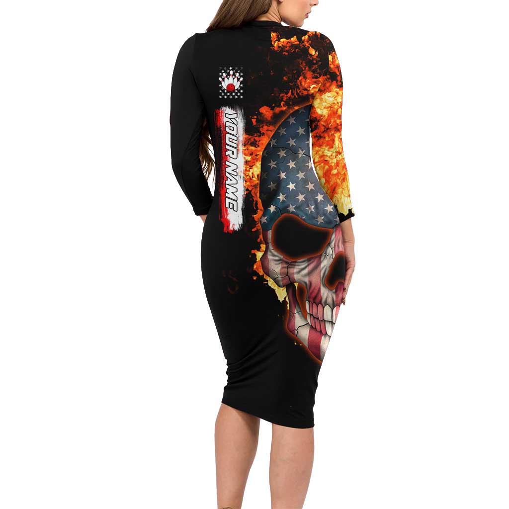 American Flag Skull Design Long Sleeve Bodycon Dress with Bowling Elements and Fire Background with Custom Team Name Text - Wonder Print Shop