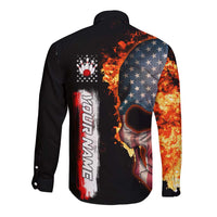 American Flag Skull Design Long Sleeve Button Shirt with Bowling Elements and Fire Background with Custom Team Name Text - Wonder Print Shop