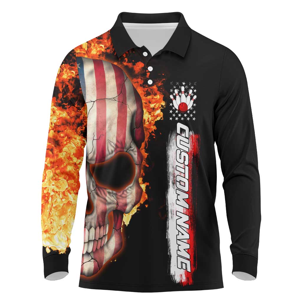 American Flag Skull Design Long Sleeve Polo Shirt with Bowling Elements and Fire Background with Custom Team Name Text - Wonder Print Shop