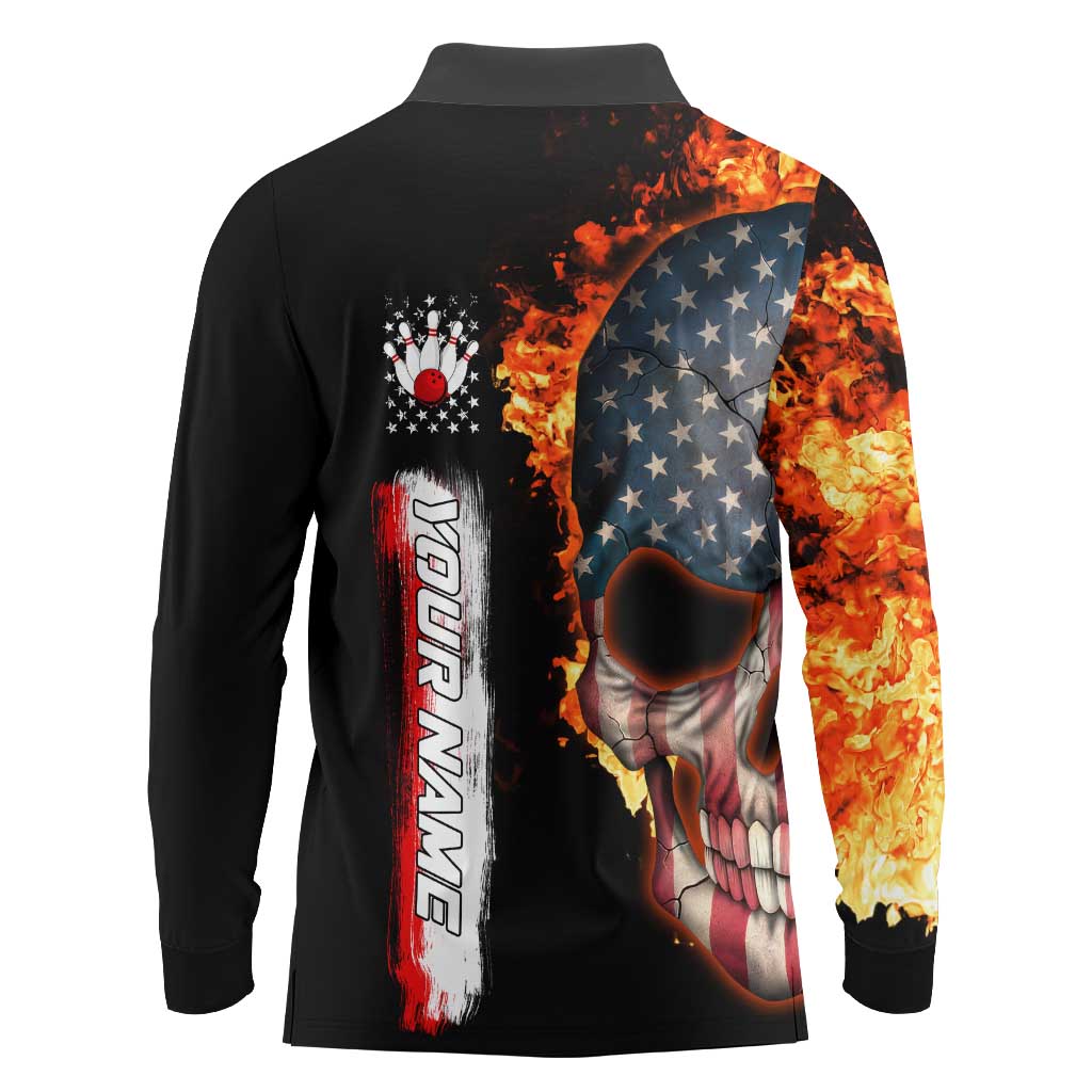American Flag Skull Design Long Sleeve Polo Shirt with Bowling Elements and Fire Background with Custom Team Name Text - Wonder Print Shop