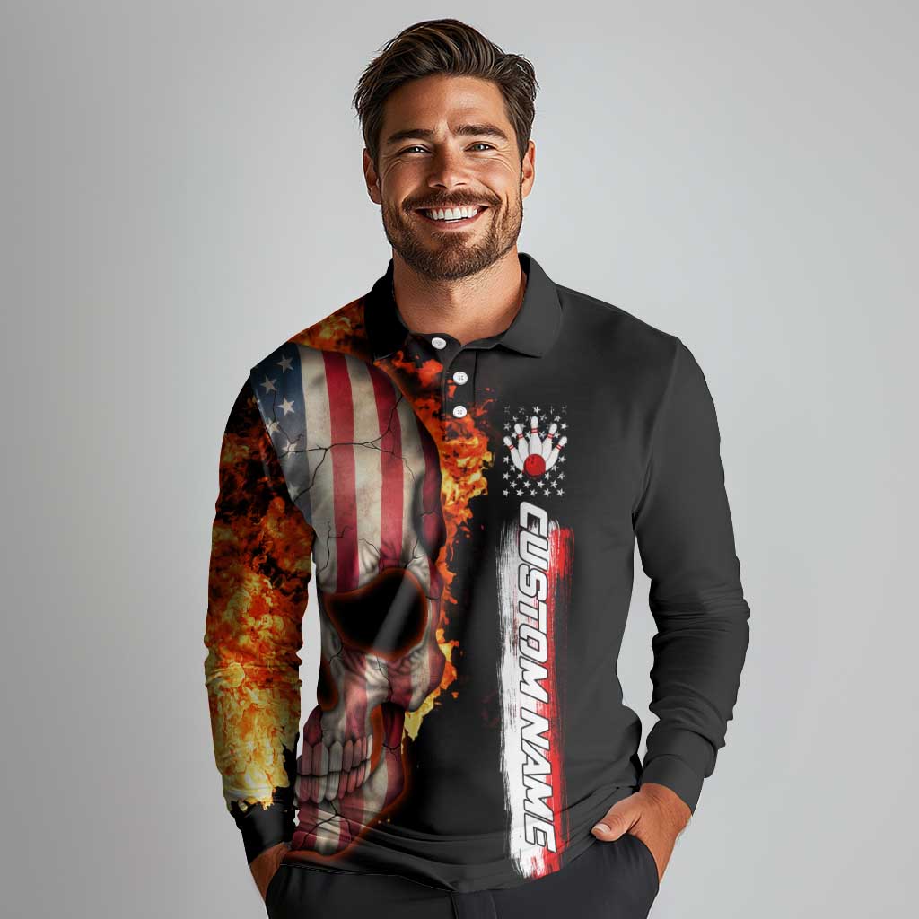 American Flag Skull Design Long Sleeve Polo Shirt with Bowling Elements and Fire Background with Custom Team Name Text - Wonder Print Shop