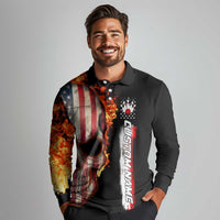 American Flag Skull Design Long Sleeve Polo Shirt with Bowling Elements and Fire Background with Custom Team Name Text - Wonder Print Shop
