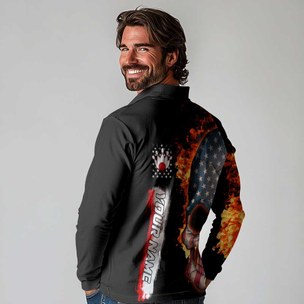 American Flag Skull Design Long Sleeve Polo Shirt with Bowling Elements and Fire Background with Custom Team Name Text - Wonder Print Shop