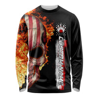 American Flag Skull Design Long Sleeve Shirt with Bowling Elements and Fire Background with Custom Team Name Text - Wonder Print Shop