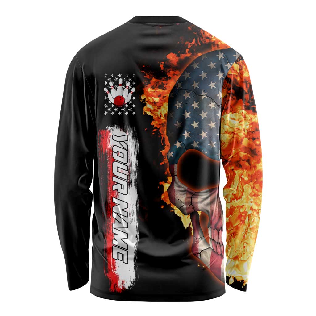 American Flag Skull Design Long Sleeve Shirt with Bowling Elements and Fire Background with Custom Team Name Text - Wonder Print Shop