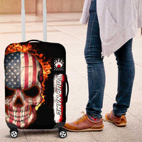 American Flag Skull Design Luggage Cover with Bowling Elements and Fire Background with Custom Team Name Text - Wonder Print Shop