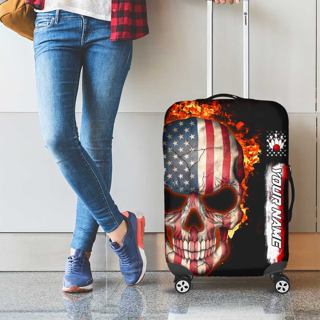 American Flag Skull Design Luggage Cover with Bowling Elements and Fire Background with Custom Team Name Text - Wonder Print Shop