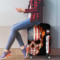 American Flag Skull Design Luggage Cover with Bowling Elements and Fire Background with Custom Team Name Text - Wonder Print Shop