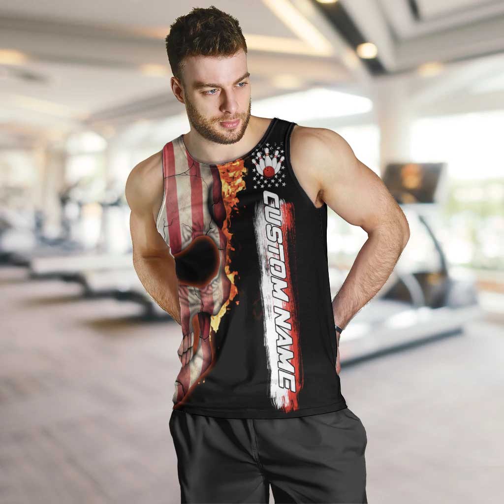 American Flag Skull Design Men Tank Top with Bowling Elements and Fire Background with Custom Team Name Text - Wonder Print Shop