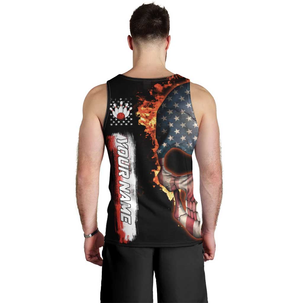 American Flag Skull Design Men Tank Top with Bowling Elements and Fire Background with Custom Team Name Text - Wonder Print Shop