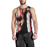 American Flag Skull Design Men Tank Top with Bowling Elements and Fire Background with Custom Team Name Text - Wonder Print Shop