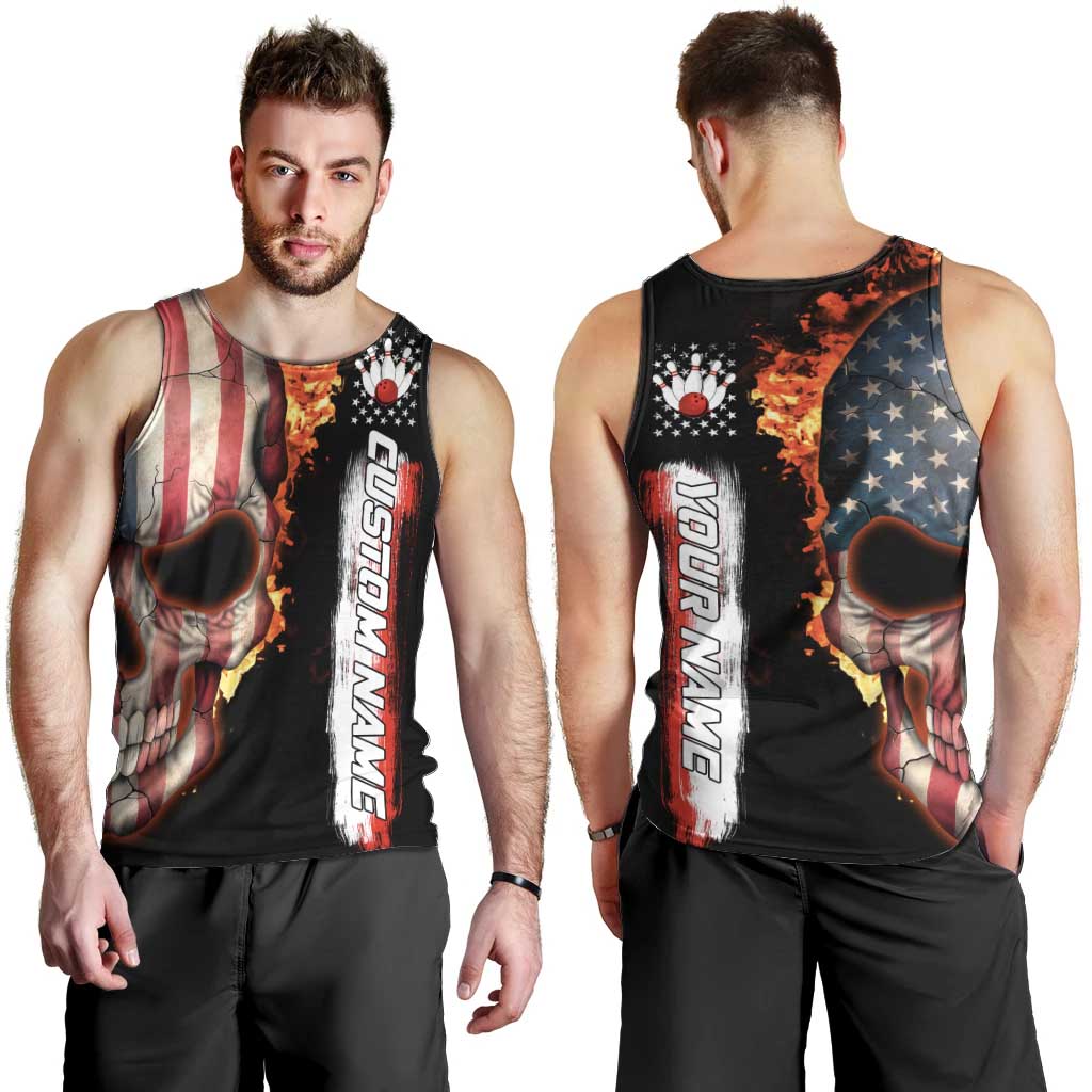 American Flag Skull Design Men Tank Top with Bowling Elements and Fire Background with Custom Team Name Text - Wonder Print Shop
