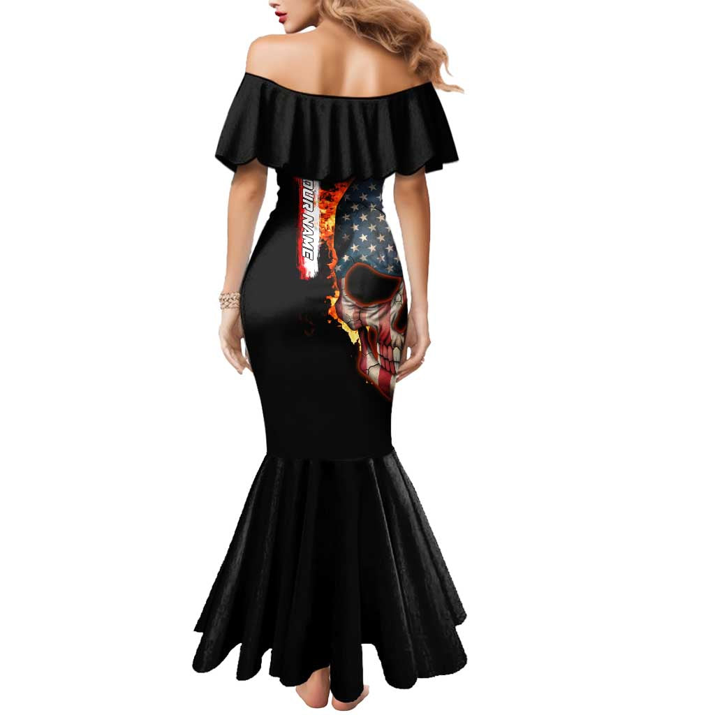 American Flag Skull Design Mermaid Dress with Bowling Elements and Fire Background with Custom Team Name Text - Wonder Print Shop