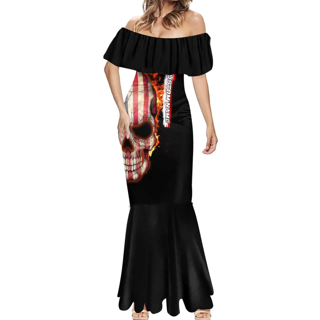 American Flag Skull Design Mermaid Dress with Bowling Elements and Fire Background with Custom Team Name Text - Wonder Print Shop