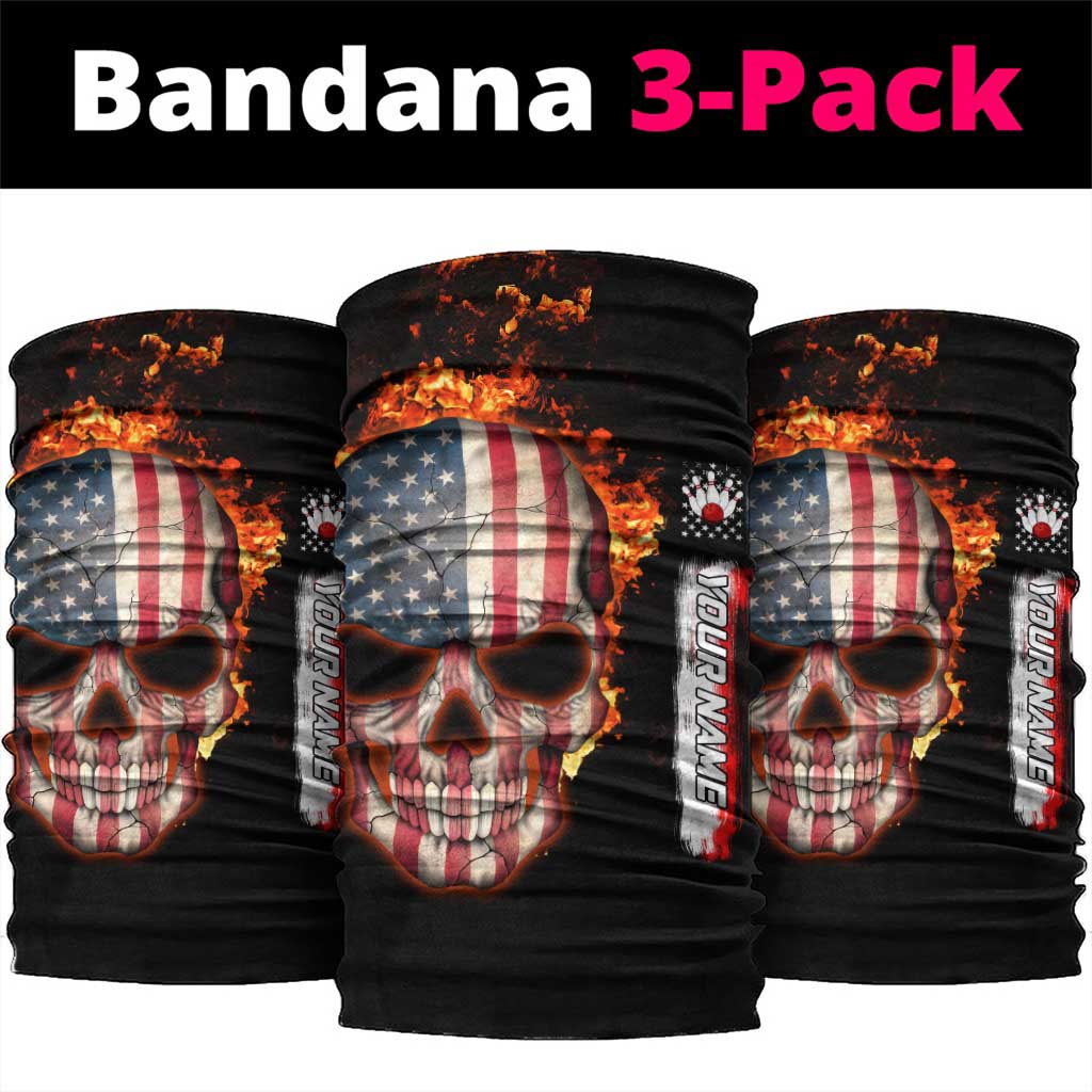 American Flag Skull Design Neck Gaiter with Bowling Elements and Fire Background TS04