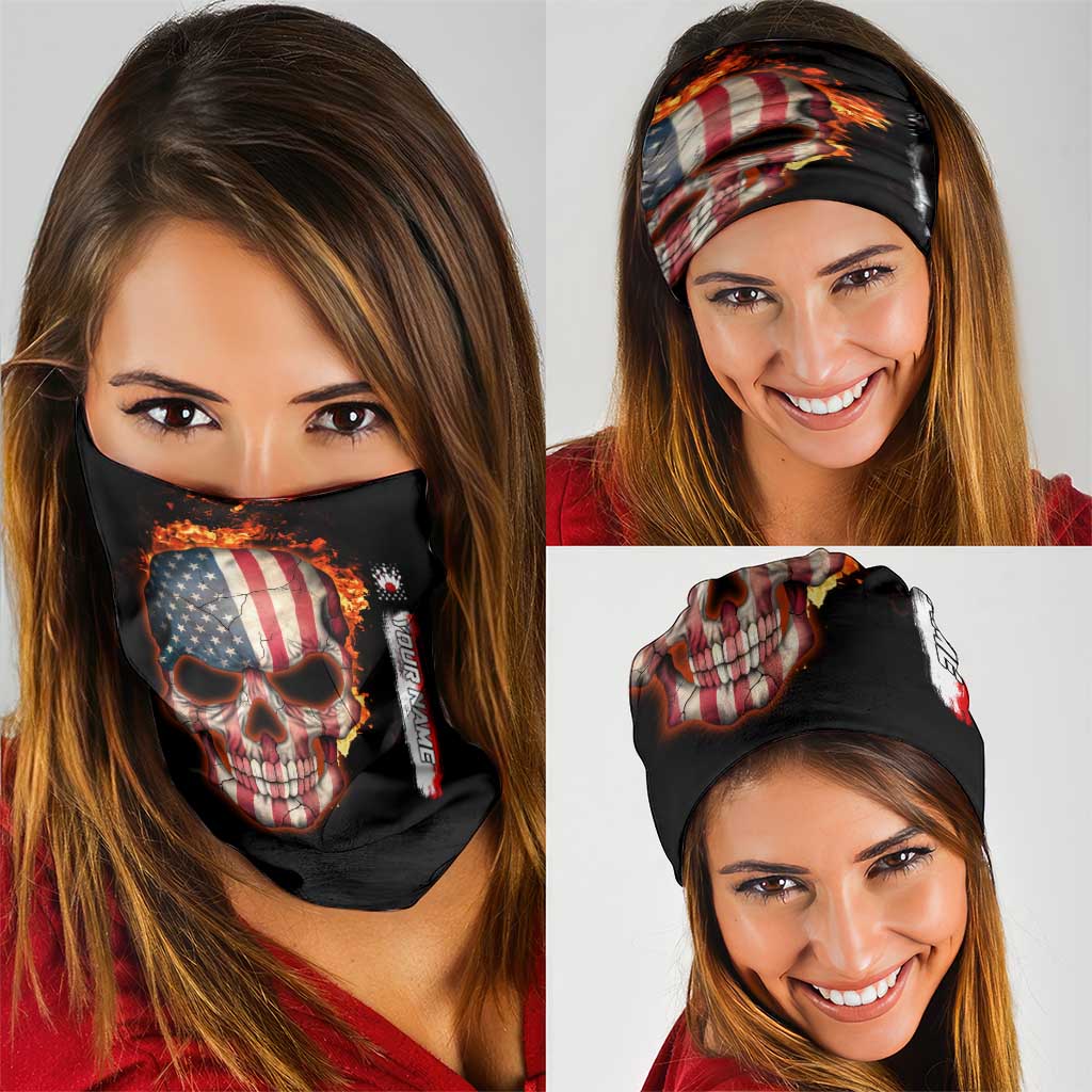 American Flag Skull Design Neck Gaiter with Bowling Elements and Fire Background TS04
