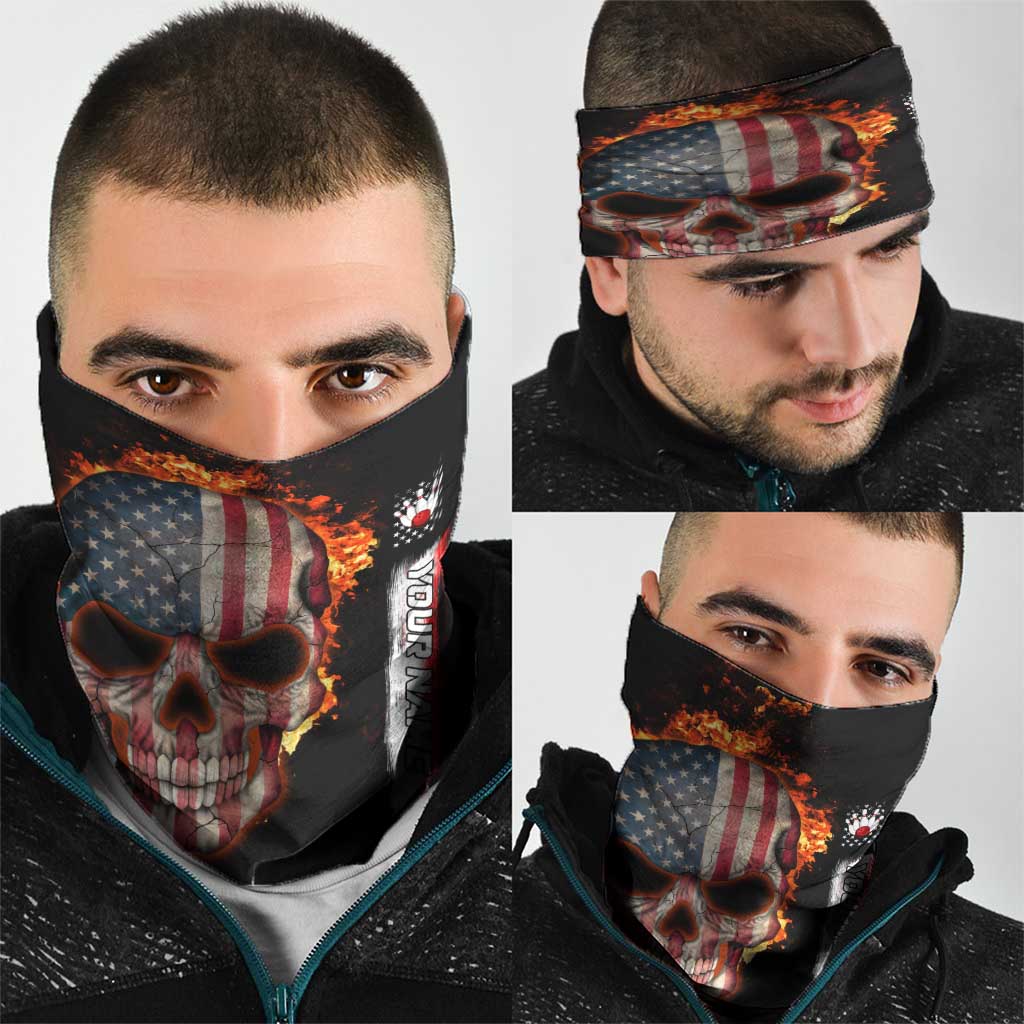 American Flag Skull Design Neck Gaiter with Bowling Elements and Fire Background TS04