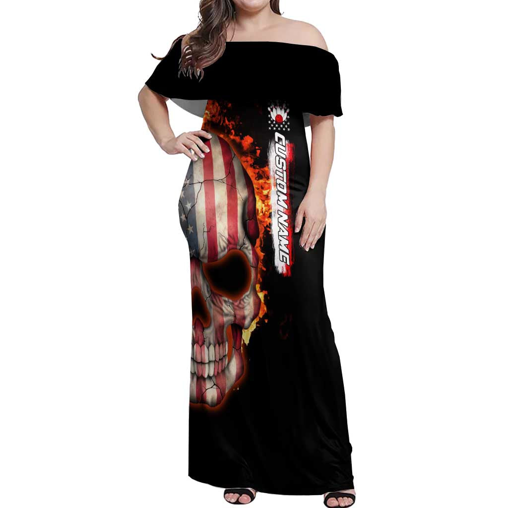 American Flag Skull Design Off Shoulder Maxi Dress with Bowling Elements and Fire Background with Custom Team Name Text - Wonder Print Shop