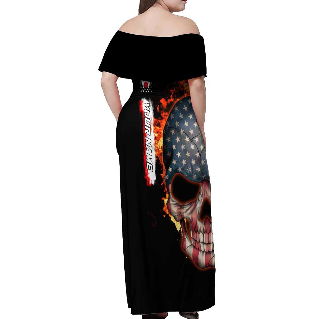 American Flag Skull Design Off Shoulder Maxi Dress with Bowling Elements and Fire Background with Custom Team Name Text - Wonder Print Shop