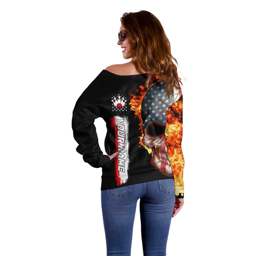 American Flag Skull Design Off Shoulder Sweater with Bowling Elements and Fire Background with Custom Team Name Text - Wonder Print Shop