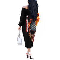 American Flag Skull Design Off The Shoulder Long Sleeve Dress with Bowling Elements and Fire Background with Custom Team Name Text - Wonder Print Shop