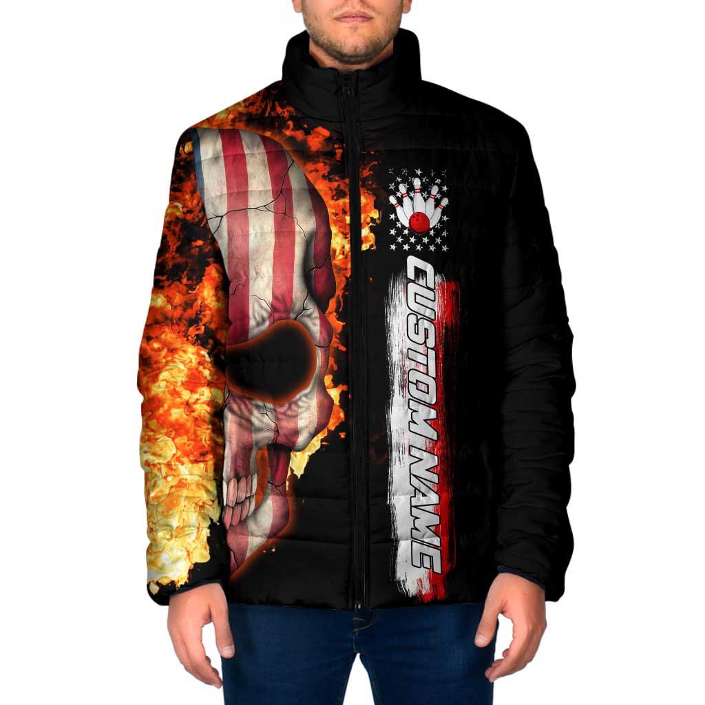 American Flag Skull Design Padded Jacket with Bowling Elements and Fire Background with Custom Team Name Text - Wonder Print Shop
