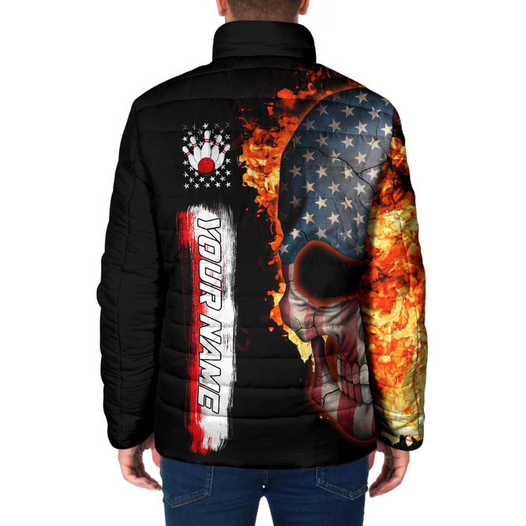 American Flag Skull Design Padded Jacket with Bowling Elements and Fire Background with Custom Team Name Text - Wonder Print Shop