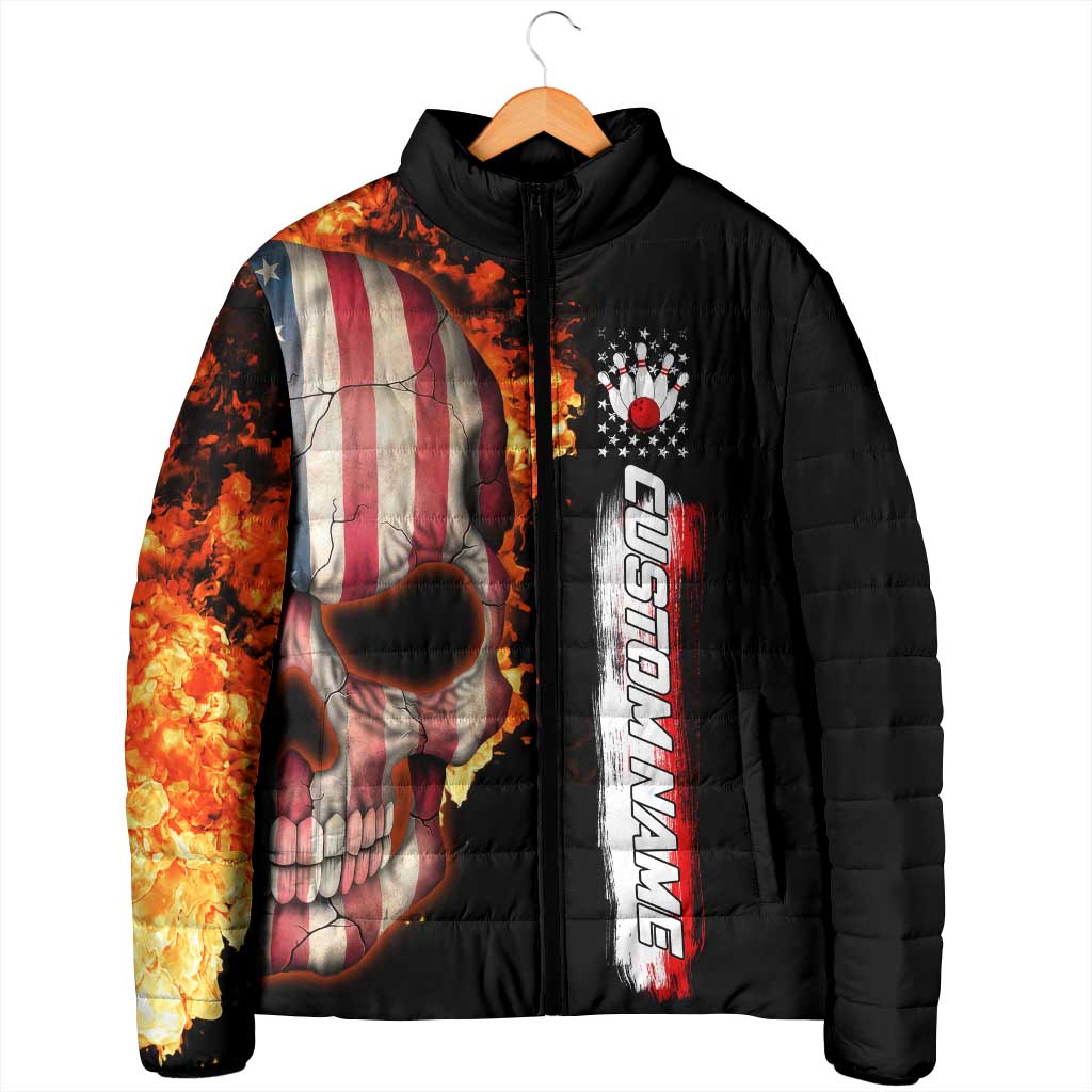 American Flag Skull Design Padded Jacket with Bowling Elements and Fire Background with Custom Team Name Text - Wonder Print Shop