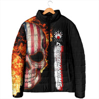 American Flag Skull Design Padded Jacket with Bowling Elements and Fire Background with Custom Team Name Text - Wonder Print Shop