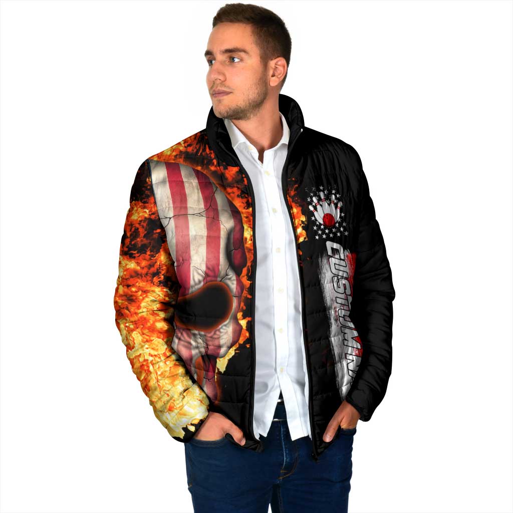 American Flag Skull Design Padded Jacket with Bowling Elements and Fire Background with Custom Team Name Text - Wonder Print Shop