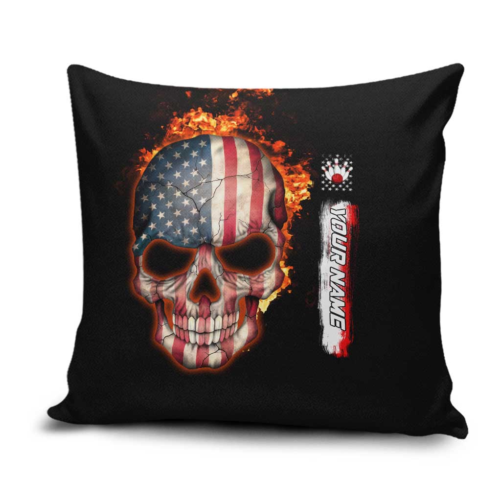 American Flag Skull Design Pillow Cover with Bowling Elements and Fire Background with Custom Team Name Text - Wonder Print Shop
