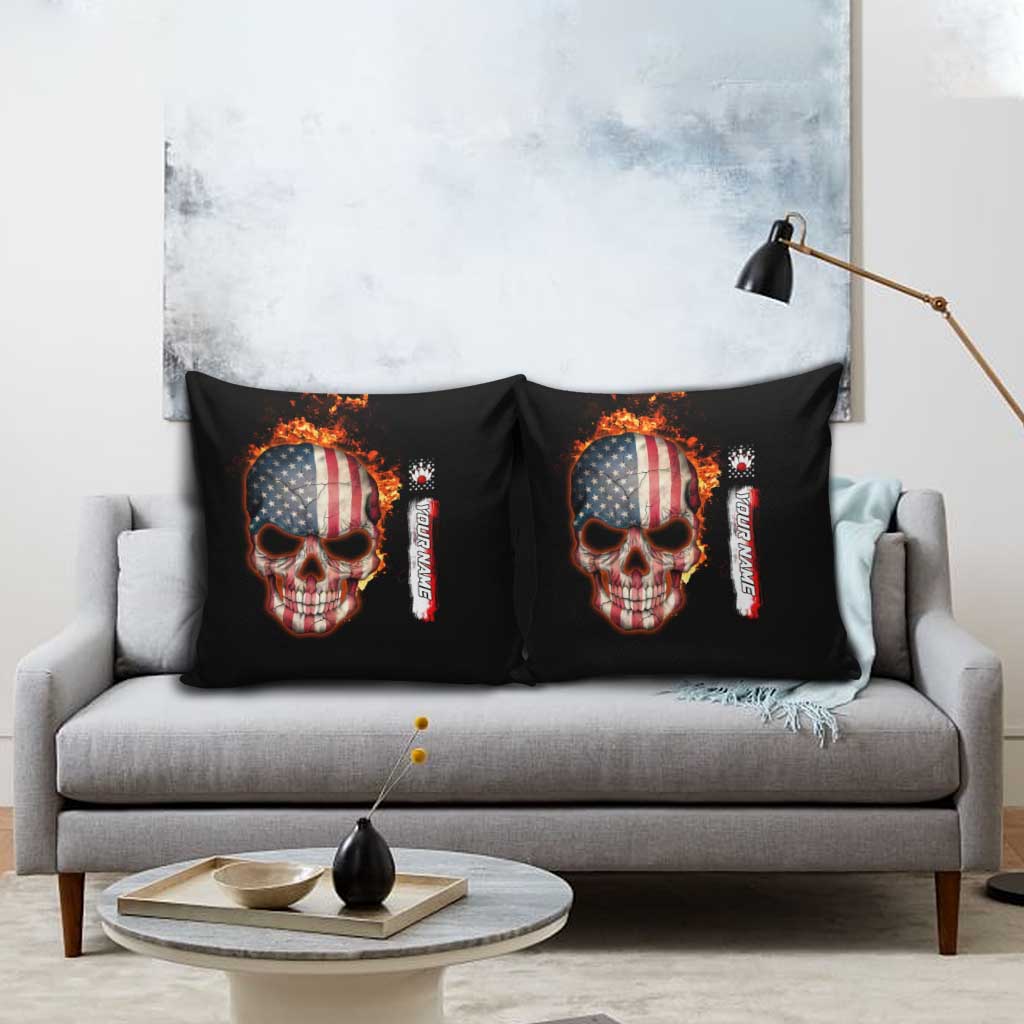American Flag Skull Design Pillow Cover with Bowling Elements and Fire Background with Custom Team Name Text - Wonder Print Shop