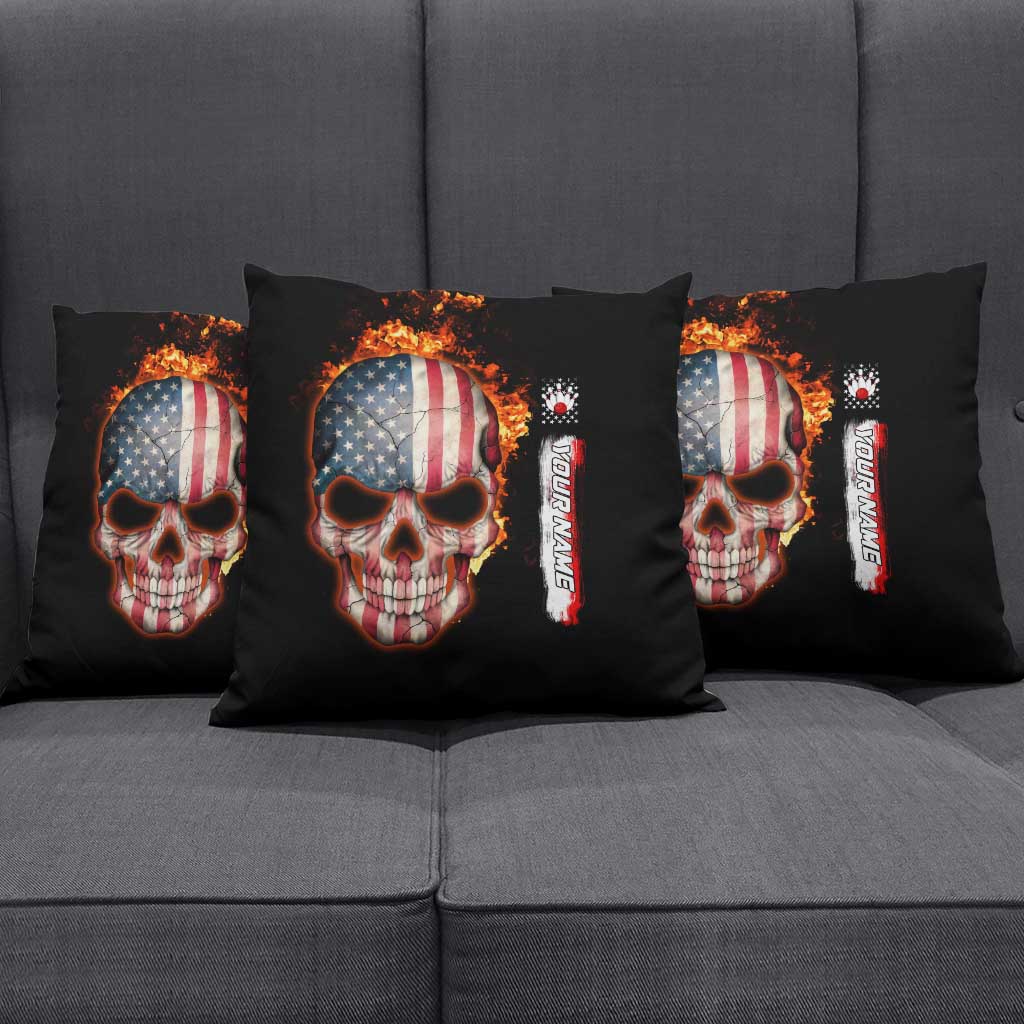 American Flag Skull Design Pillow Cover with Bowling Elements and Fire Background with Custom Team Name Text - Wonder Print Shop