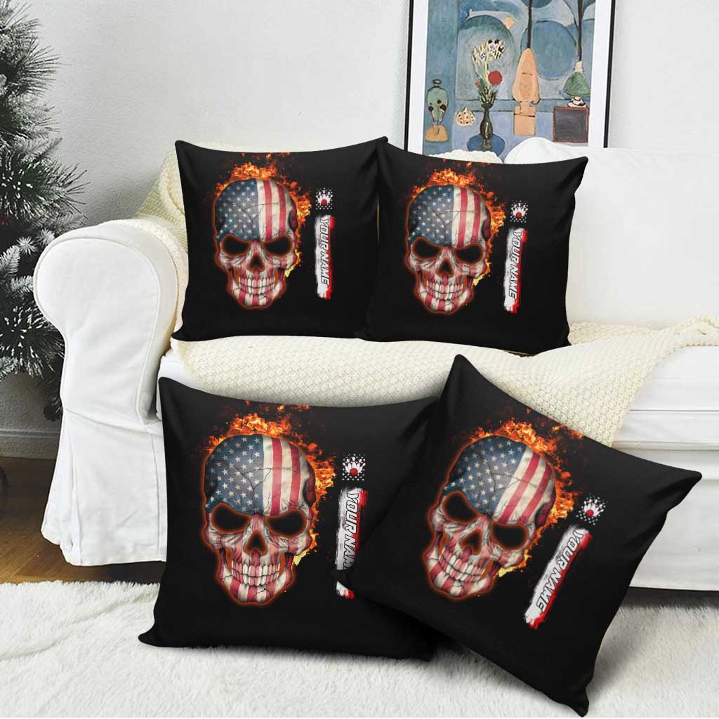 American Flag Skull Design Pillow Cover with Bowling Elements and Fire Background with Custom Team Name Text - Wonder Print Shop