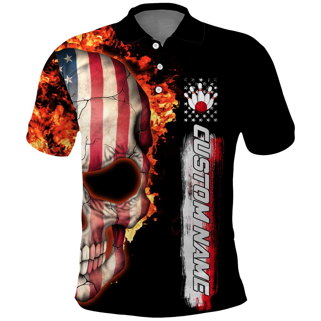 American Flag Skull Design Polo Shirt with Bowling Elements and Fire Background with Custom Team Name Text - Wonder Print Shop