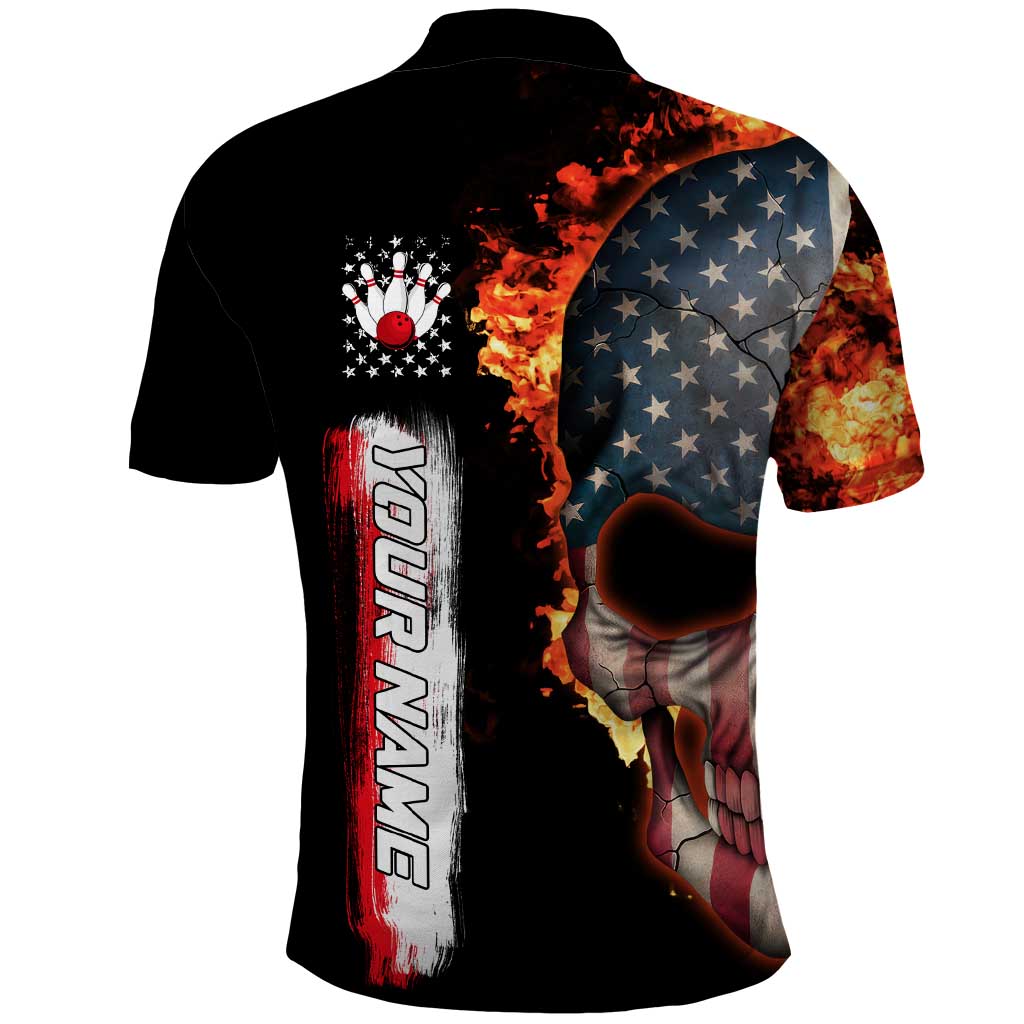 American Flag Skull Design Polo Shirt with Bowling Elements and Fire Background with Custom Team Name Text - Wonder Print Shop